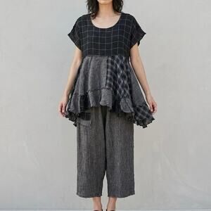 DEBO New York Lagenlook Patchwork Top & Wide Leg Pants Set Linen Blend Gray L